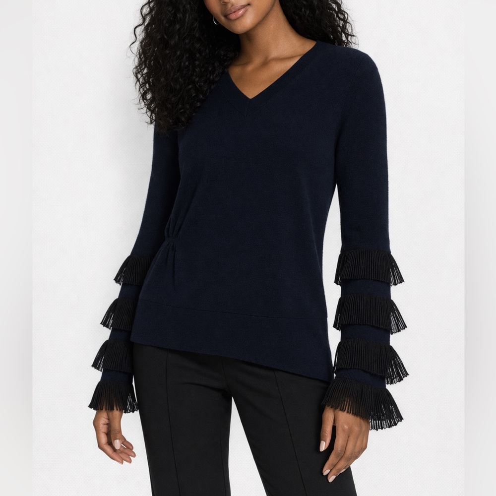 Derek Lam 10 Crosby Ruffle Sleeve V Neck Sweater Navy Wool Blend Size S